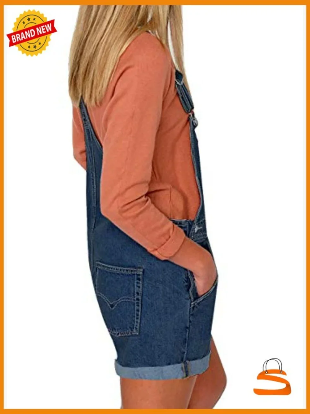 Denim Overall Shorts Romper Adjustable Straps Cuffed Hem